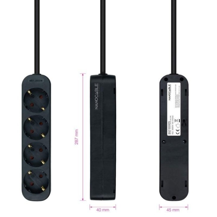 Nanocable Regleta de Enchufes con 4 Tomas Tipo F 1.4m Negro