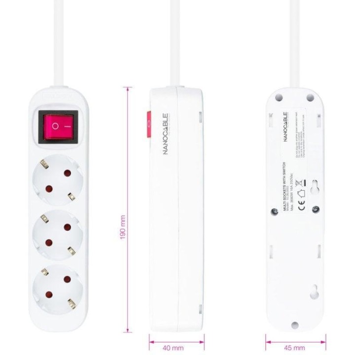 Nanocable Regleta de Enchufes con 3 Tomas Tipo F con Interruptor 1.4m Blanco
