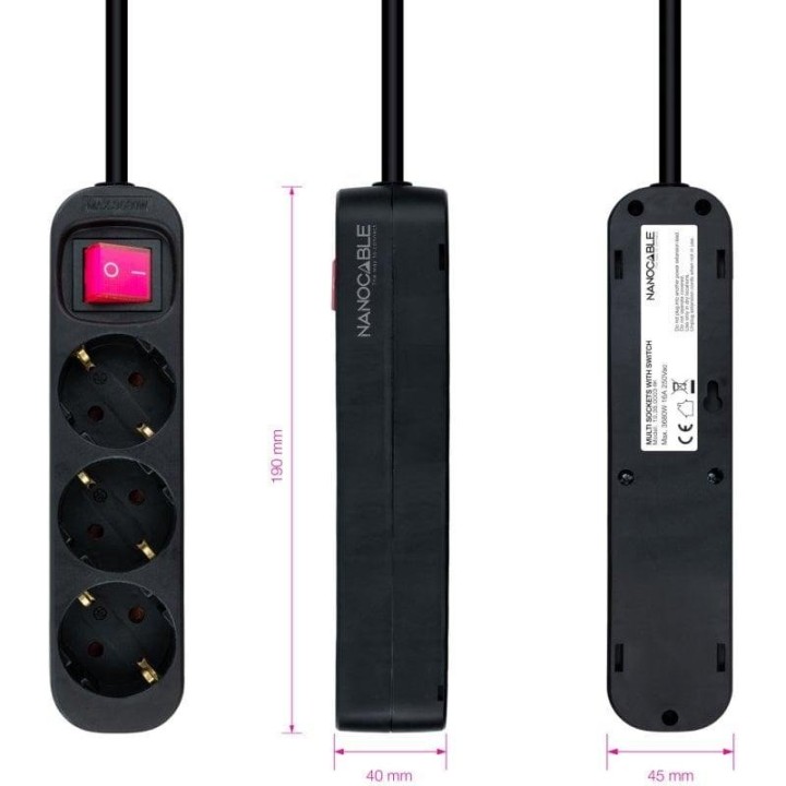 Nanocable Regleta de Enchufes con 3 Tomas Tipo F con Interruptor 1.4m Negro