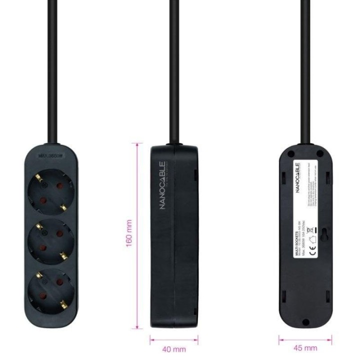Nanocable Regleta de Enchufes con 3 Tomas Tipo F 1.4m Negro