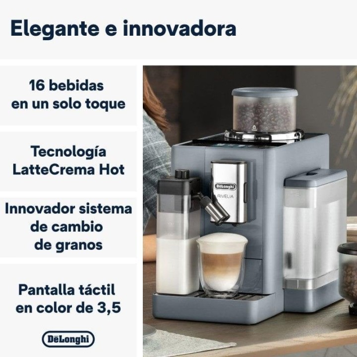 DeLonghi Rivelia Cafetera Superautomática con Depósito de Leche Y Molinillo Integrado 19 Bares Gris
