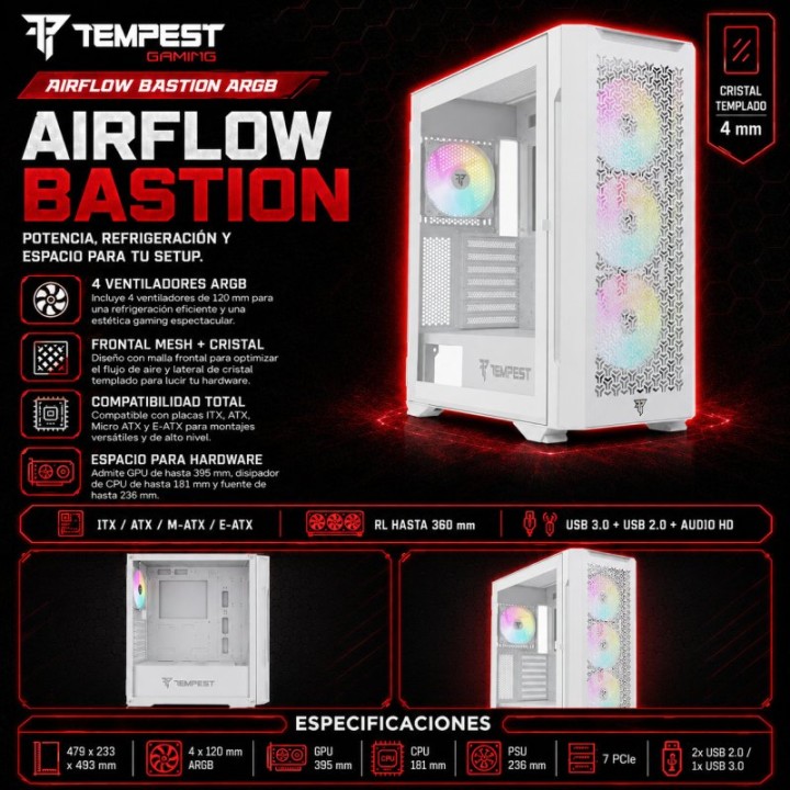 Tempest Bastion ARGB ATX Cristal Templado USB 3.0 Blanca