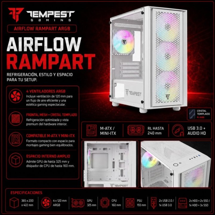 Tempest Rampart ARGB M-ATX Cristal Templado USB 3.0 Blanca