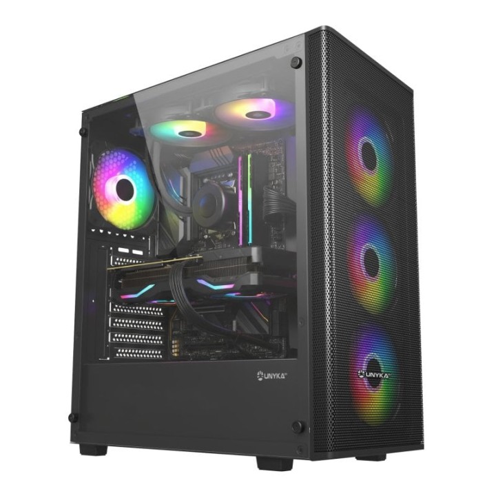 UNYkach Mir 100 Caja ATX Gaming Cristal Templado Lateral y 4 Ventiladores ARGB Negra