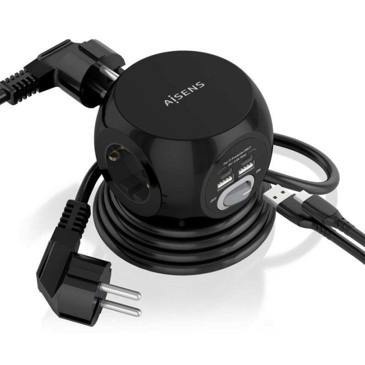 Aisens Regleta Sobremesa Multifuncion con 3 Tomas + 2xUSB-C/2xUSB-A 1.4m Negra