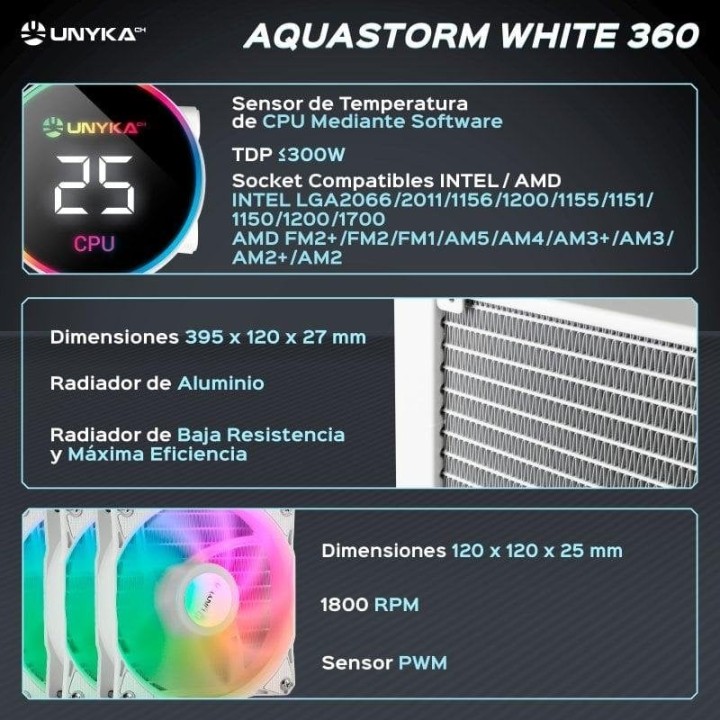 UNYKAch AquaStorm 360 RGB AIO Kit de Refrigeración Líquida Blanca