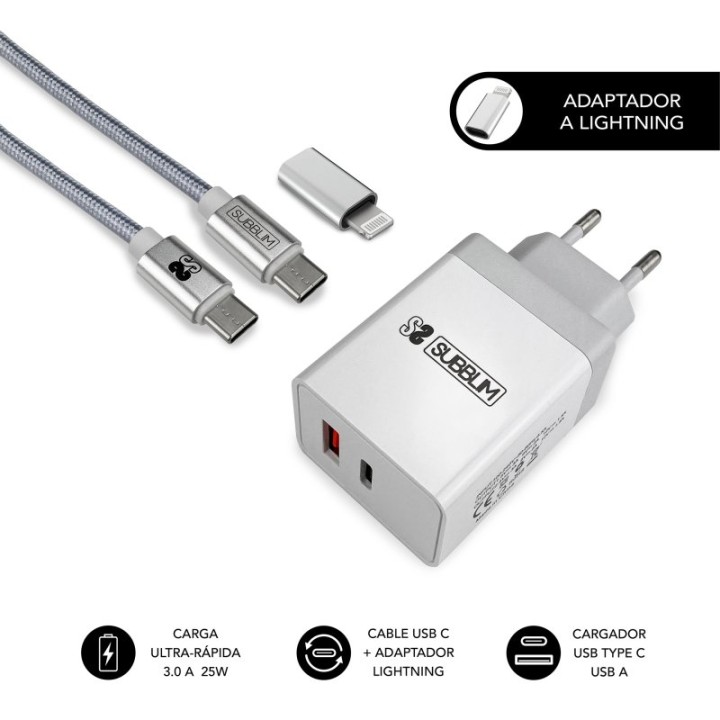 Subblim Cargador Ultra Rápido 2xUSB PD25W + QC3.0 + Cable USB-C + Lightning Blanco