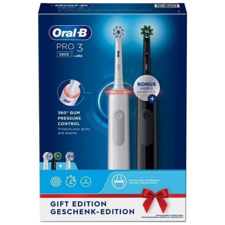 Oral-B Pro 3 3900 Duo Pack de 2 Cepillos de Dientes Eléctricos con Mango Recargable Blanco/Negro