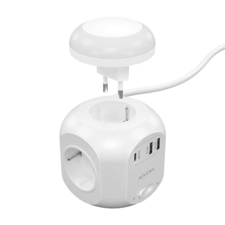 Aisens Regleta Multifunción con 4 Tomas + Qc3.0 con Luz Nocturna 1.8m Blanco