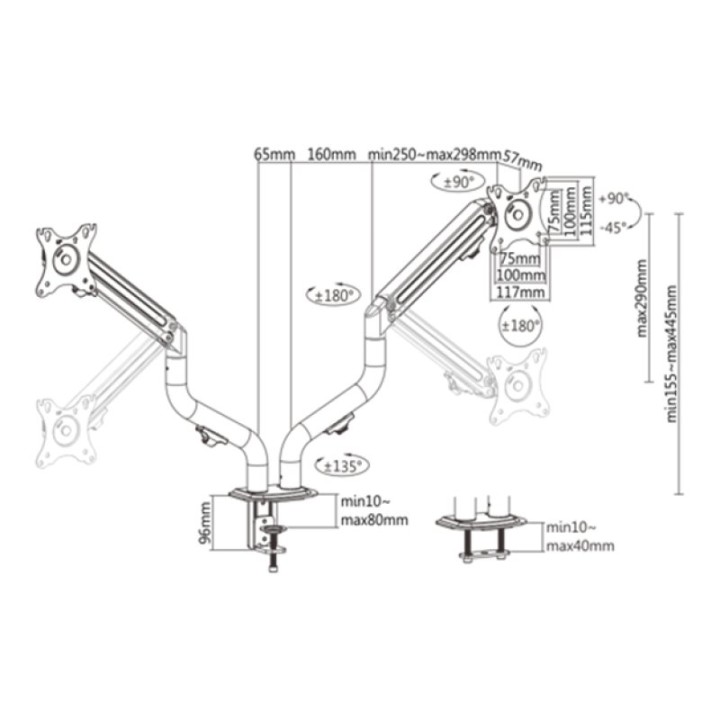 Gembird MA-DA2-02 Soporte Doble para Monitores 32" VESA 100 Max 8Kg Negro