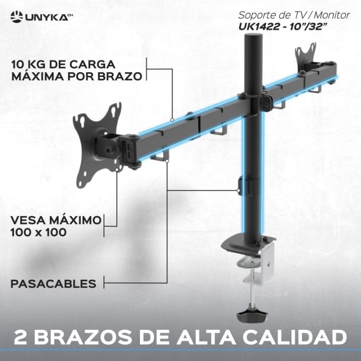 UNYKAch UK1422 Soporte Doble para Monitor 13-32" VESA 75x75/100x100 Máx 20Kg