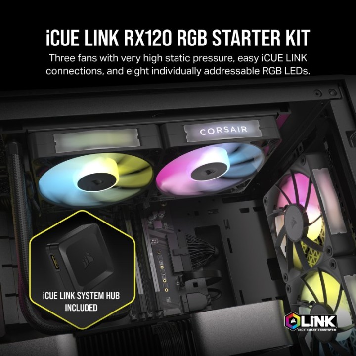 Corsair iCUE LINK RX120 RGB Starter Kit 3 Ventiladores Suplementarios PWM Negros