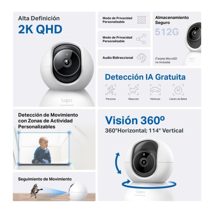 Tapo TC72 Cámara de Vigilancia 360º Interior, 2K QHD, Detección IA Gratuita Avanzada, Visión Nocturna