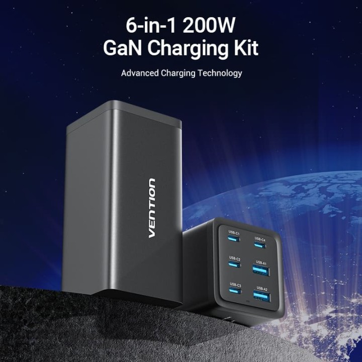Vention FENB0-EU Cargador de Pared 4xUSB Tipo-C 2xUSB 200W Negro