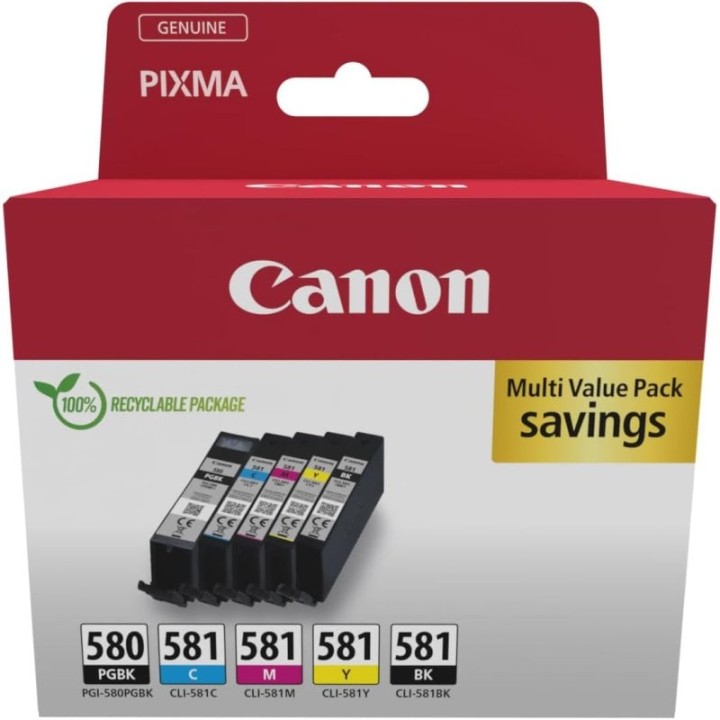 Pack 5 Unidades Cartucho de Tinta Original Canon PGI-580BK/CLI-581 BK/C/M/Y