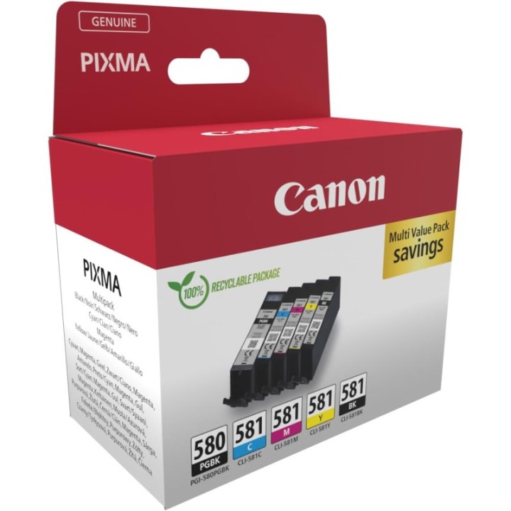Pack 5 Unidades Cartucho de Tinta Original Canon PGI-580BK/CLI-581 BK/C/M/Y