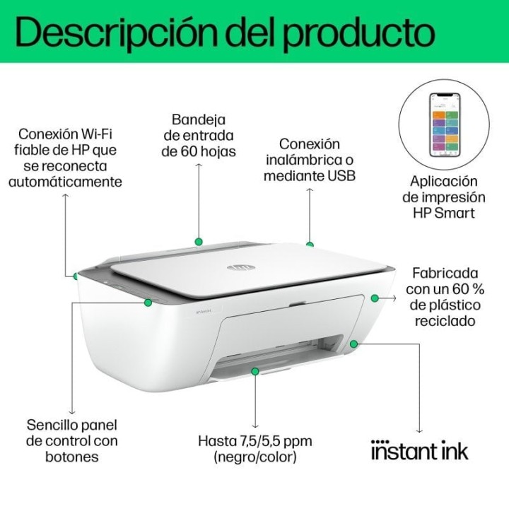 HP DeskJet 2820e Multifunción Color WiFi Blanca + 3 Meses Instant Ink + HP 1000 Ratón USB Negro