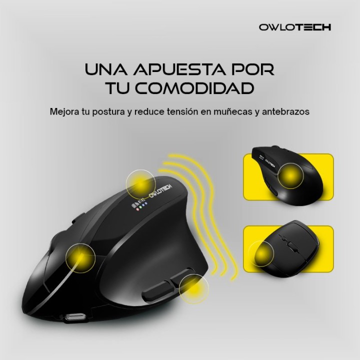 Owlotech EM500 Ratón Ergonómico Wireless 2.4GHz/Bluetooth 2400DPI Negro