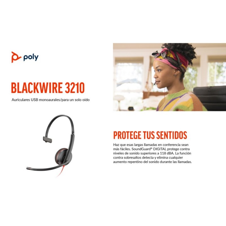 Poly Blackwire 3210 Auricular Monaural USB-C Negro + Adaptador de USB-C a USB-A