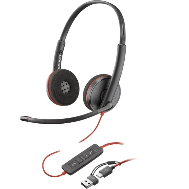 Poly Blackwire 3220 Auriculares Estéreo USB-C Negros + Adaptador de USB-C a USB-A
