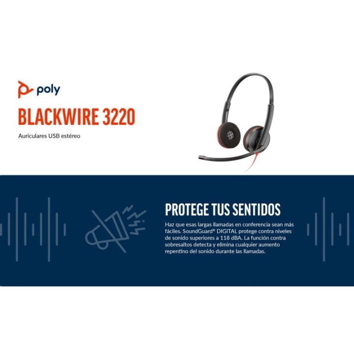 Poly Blackwire 3220 Auriculares Estéreo USB-C Negros + Adaptador de USB-C a USB-A