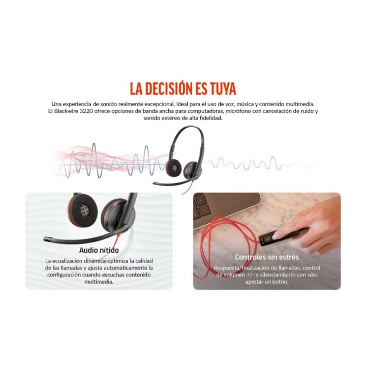 Poly Blackwire 3220 Auriculares Estéreo USB-C Negros + Adaptador de USB-C a USB-A