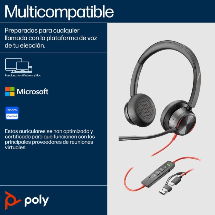 Poly Blackwire 8225 Auriculares Estéreo USB-C con Certificación Microsoft Teams + Adaptador USB-C/A