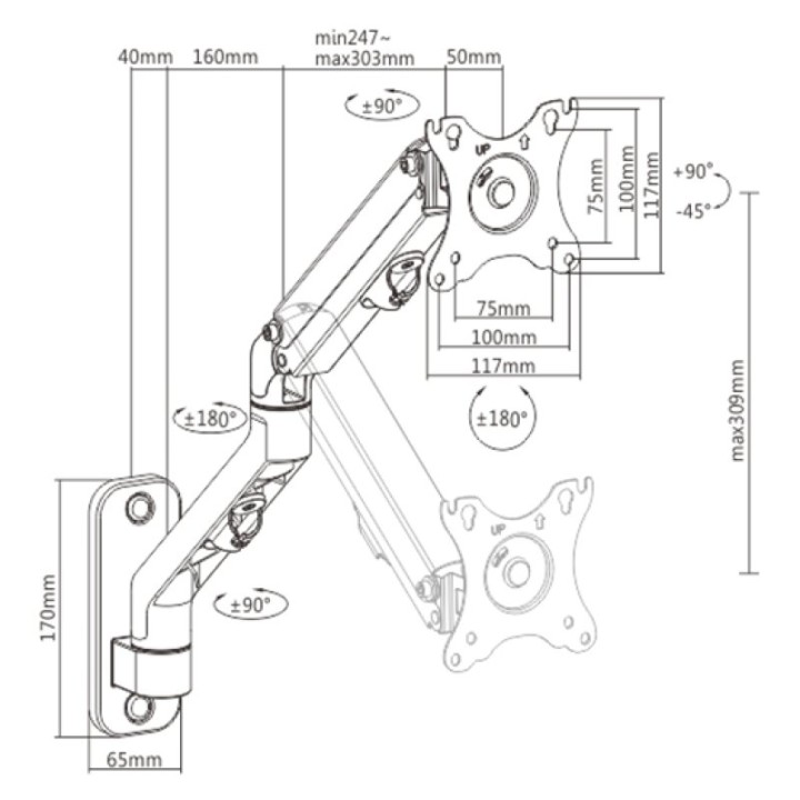Gembird Ma-wa1-02 Brazo De Montaje De Pantalla De Pared Ajustable, 17"-27", Hasta 7 Kg
