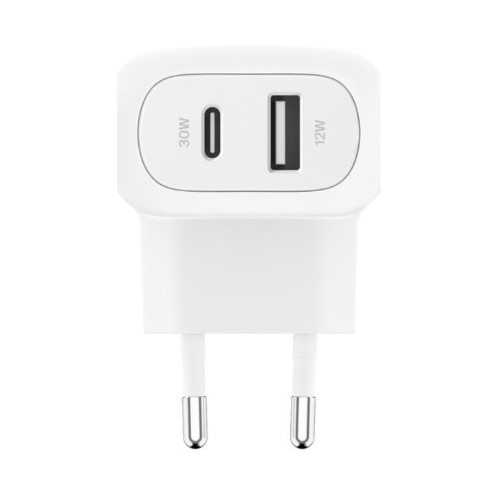 Belkin BoostCharge Cargador de Pared Doble 1x USB-C PD 3.0 30W + 1x USB-A 12W Blanco