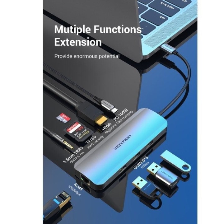 Vention TOLHB Docking USB-C a 1x HDMI / 3x USB 3.0 / 1x USB-C PD 100W / 1x RJ45 / 1x Jack 3.5 Gris