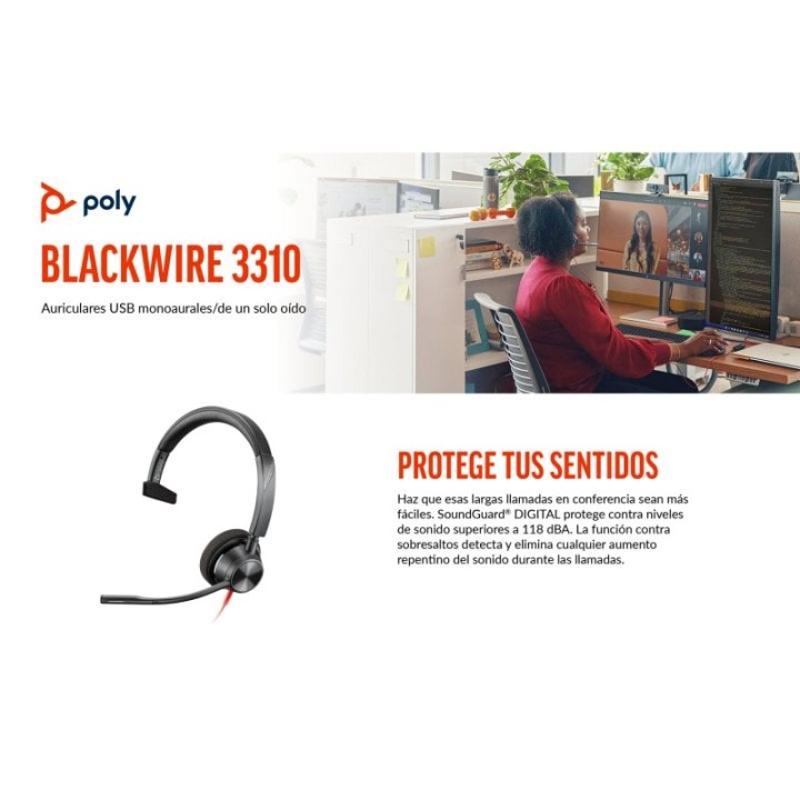 Poly Blackwire 3310 Auriculares Monoaurales USB-C Negros + Adaptador USB-C/A