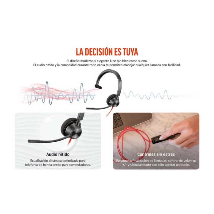 Poly Blackwire 3310 Auriculares Monoaurales USB-C Negros + Adaptador USB-C/A