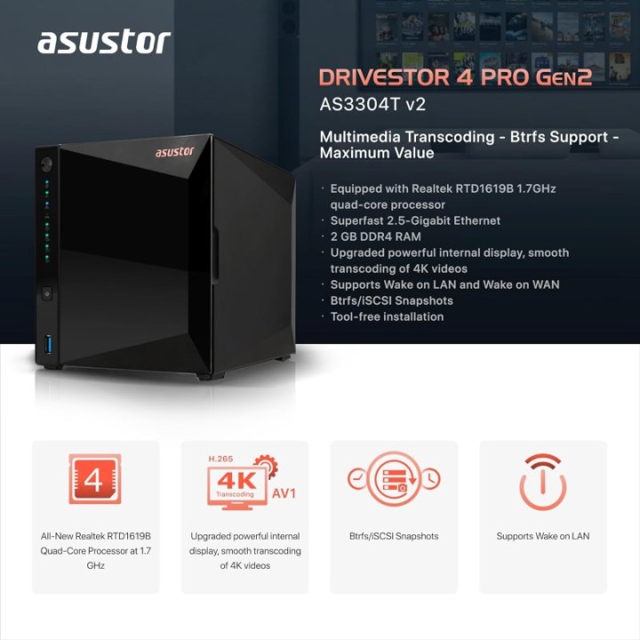 Asustor Drivestor 4 Pro Gen2 AS3304T V2 NAS 4 Bahías Negro