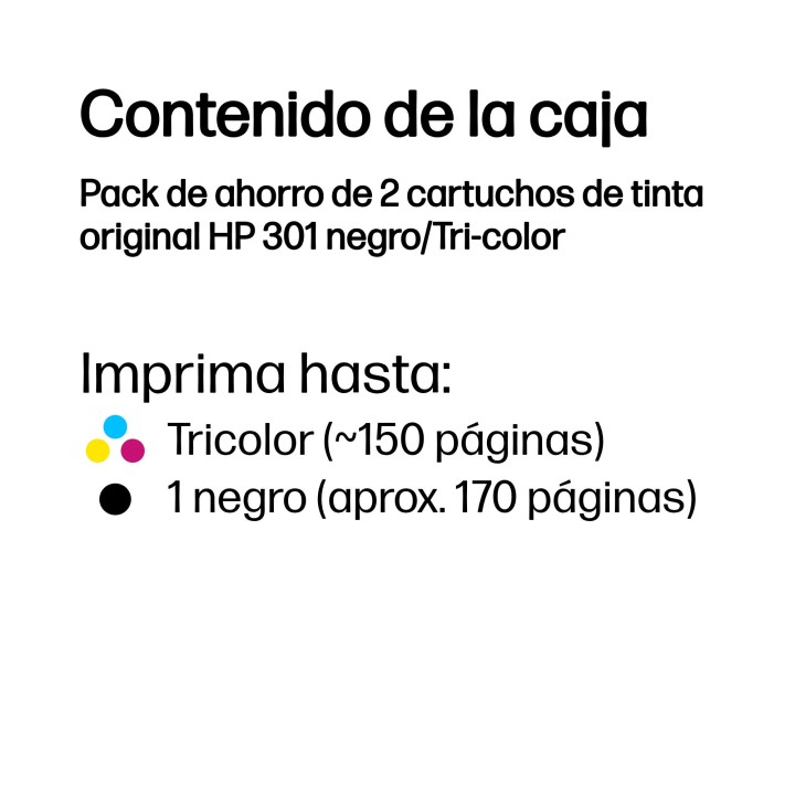 Tinta HP 301 Pack Tricolor/Negro 3ml/3ml (N9J72AE)