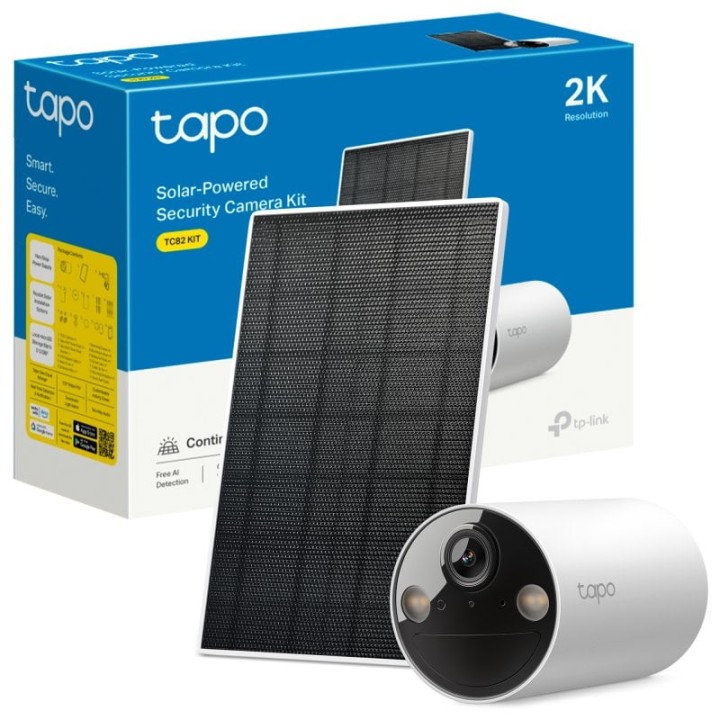 Tapo TC82 Kit Cámara de Vigilancia con Panel Solar y Batería, 2K 3MP, Detección IA Gratuita, Visión Nocturna a Color