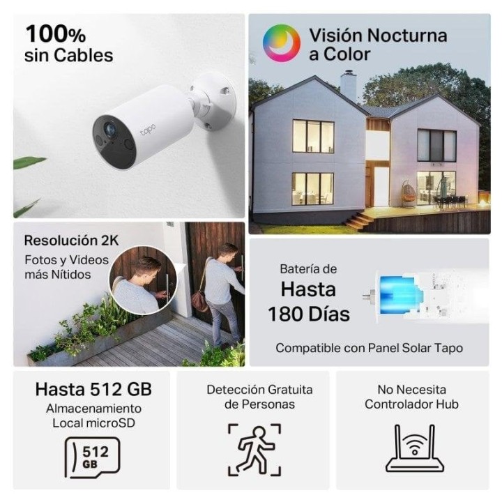 Tapo TC82 Kit Cámara de Vigilancia con Panel Solar y Batería, 2K 3MP, Detección IA Gratuita, Visión Nocturna a Color