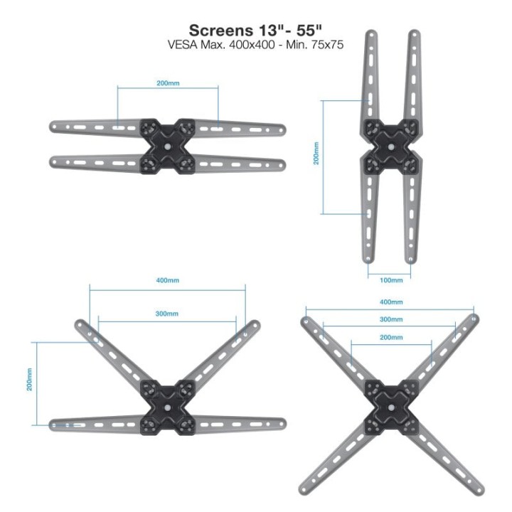 TooQ LP1355TN-B Soporte de Pared Extensible para TV de 13-55" VESA 400 Max 25kg Negro