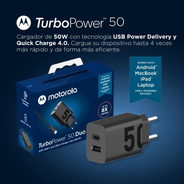 Motorola TuboPower 50 Duo SJMC502 Cargador de Red Eléctrica USB-A + USB-C Carga Rápida 50W Negro
