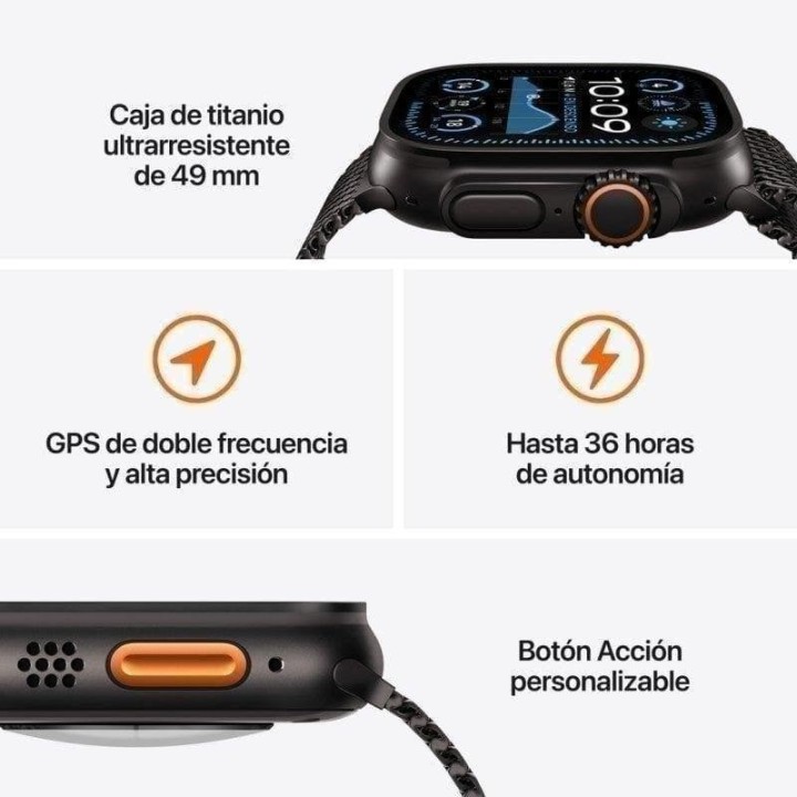 Apple Watch Ultra 2 GPS + Cellular 49mm Retina OLED Negra L Resistencia Agua 100m IP6X SpO2 Pulsómetro