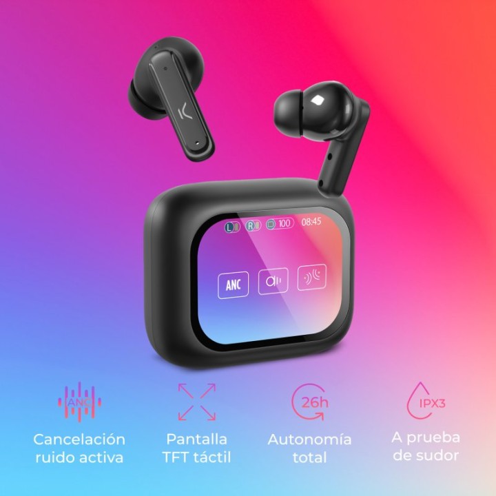Ksix Vision Auriculares Inalámbricos con ANC y Pantalla TFT 2.01" en Estuche Negros
