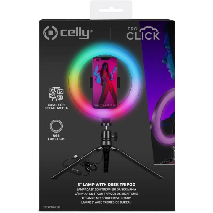 Celly CLICKRINGRGBBK Anillo de Luz con Tripode para Movil USB Negro