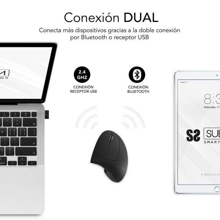 Subblim Glide Vertical Ergo Dual Ratón Vertical Ergonómico Inalámbrico para Diestros 1600 DPI Negro