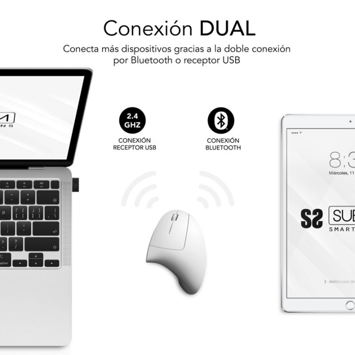 Subblim Glide Vertical Ergo Dual Ratón Vertical Ergonómico Inalámbrico para Diestros 1600 DPI Blanco