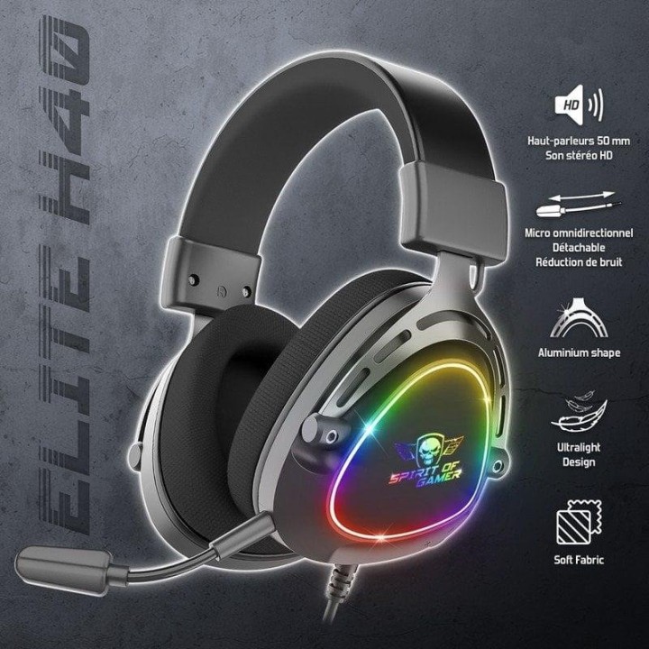 Auriculares Spirit of Gamer Elite H40 con cable, Jack 3,5 mm y USB, RGB, Negro