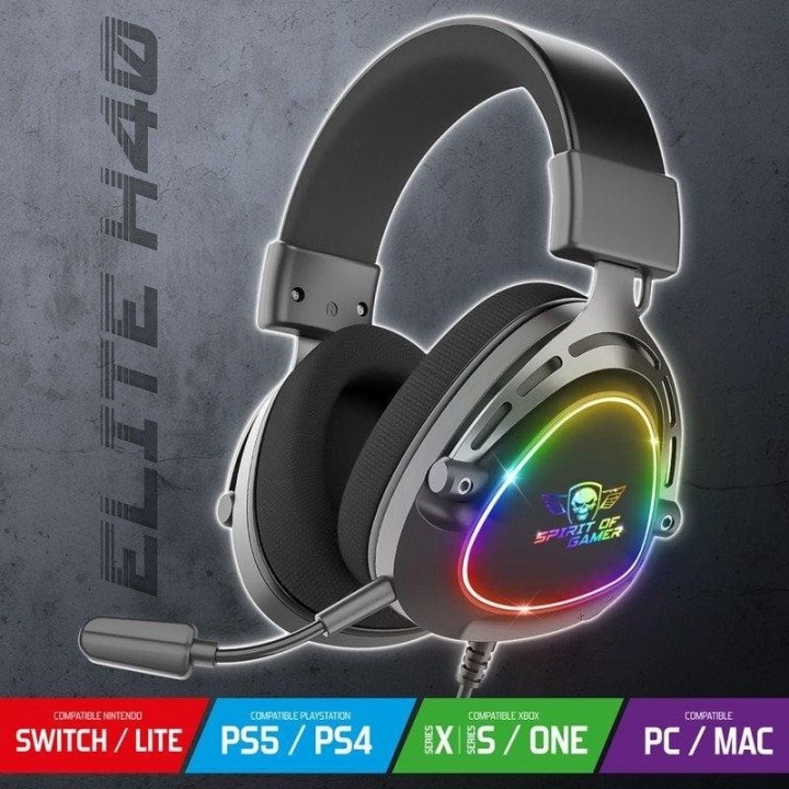 Auriculares Spirit of Gamer Elite H40 con cable, Jack 3,5 mm y USB, RGB, Negro