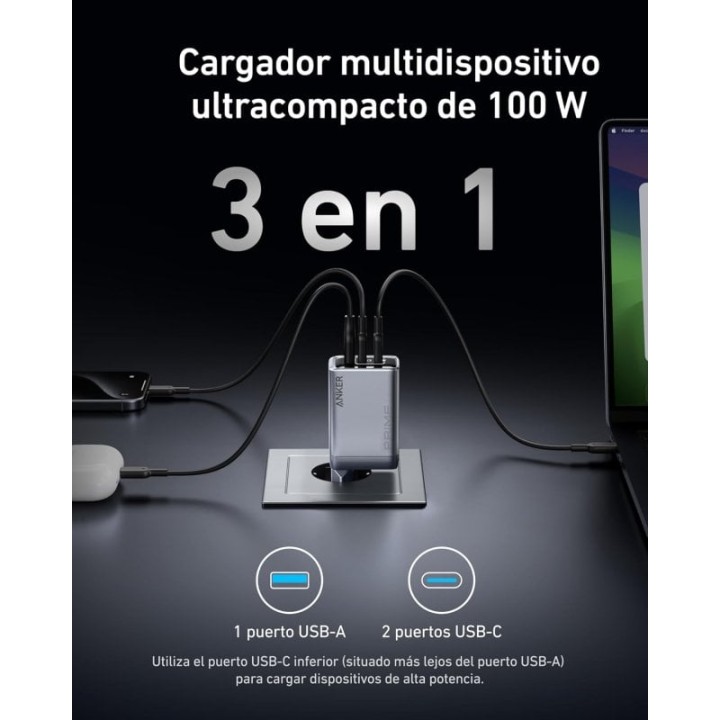 Anker Prime Charger Cargador 3 Puertos USB/USB-C GaN 100W Gris