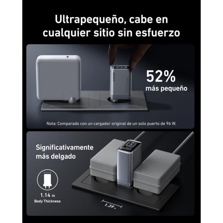 Anker Prime Charger Cargador 3 Puertos USB/USB-C GaN 100W Gris