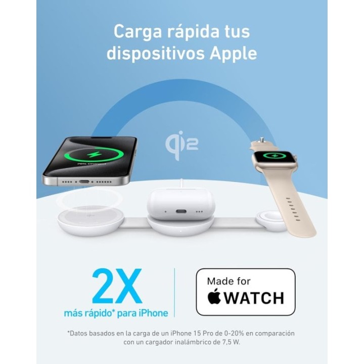 Anker MagGo Estación de Carga Inalámbrica 3 en 1 Compatible con MagSafe Qi2 15W Blanco
