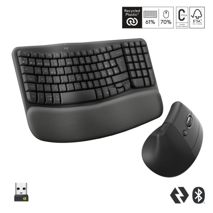 Logitech Pack Wave Keys Teclado Ergonómico Bluetooth + Logitech Lift Ratón Inalámbrico Vertical