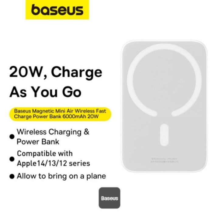 Baseus Mini Air PowerBank Inalámbrico MagSafe 20W USB-C 6000mAh Blanco